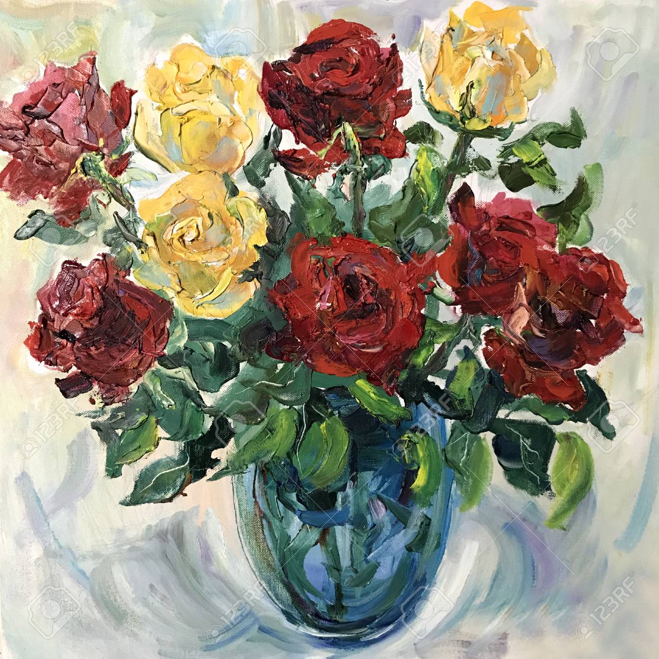 ガラスの花瓶に生けた花の静物画（680×680）